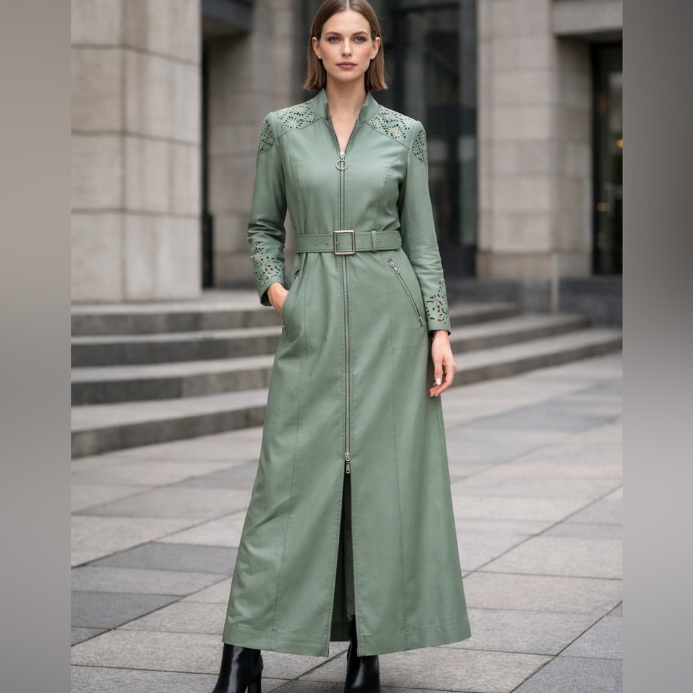 Vintage European EVENT Fashion Zip Front Trench Maxi Dress Sage Size 10 US/44 EU